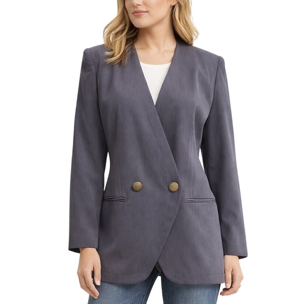 Vintage 90s Karen Scott Petites Women's 4 Purple Gray Blazer Lined Career Jacket